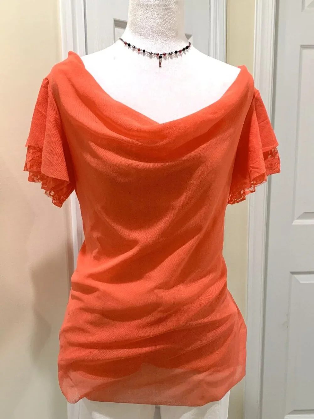 Worthington Orange Cowl Neck Blouse with Lace Flutter Short Sleeves Women L